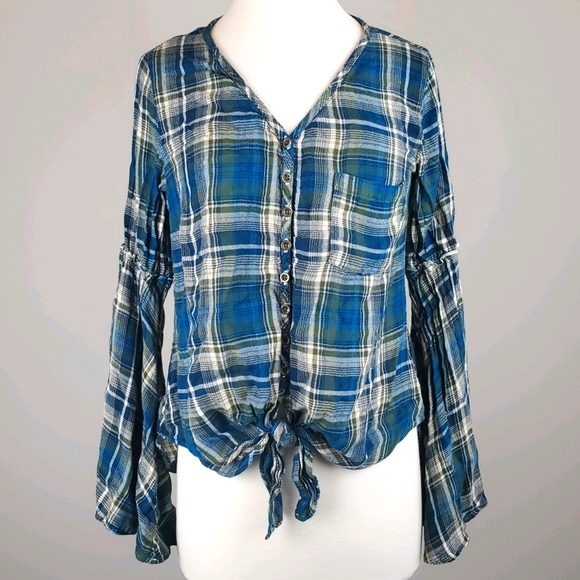 krazy kat Tops - Plaid Tie Front Flare Sleeve Top